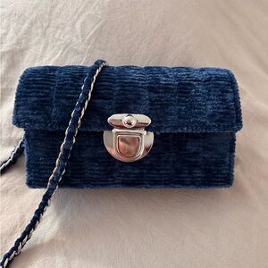 Navy handmade velvet crossbody bag with silver hardware